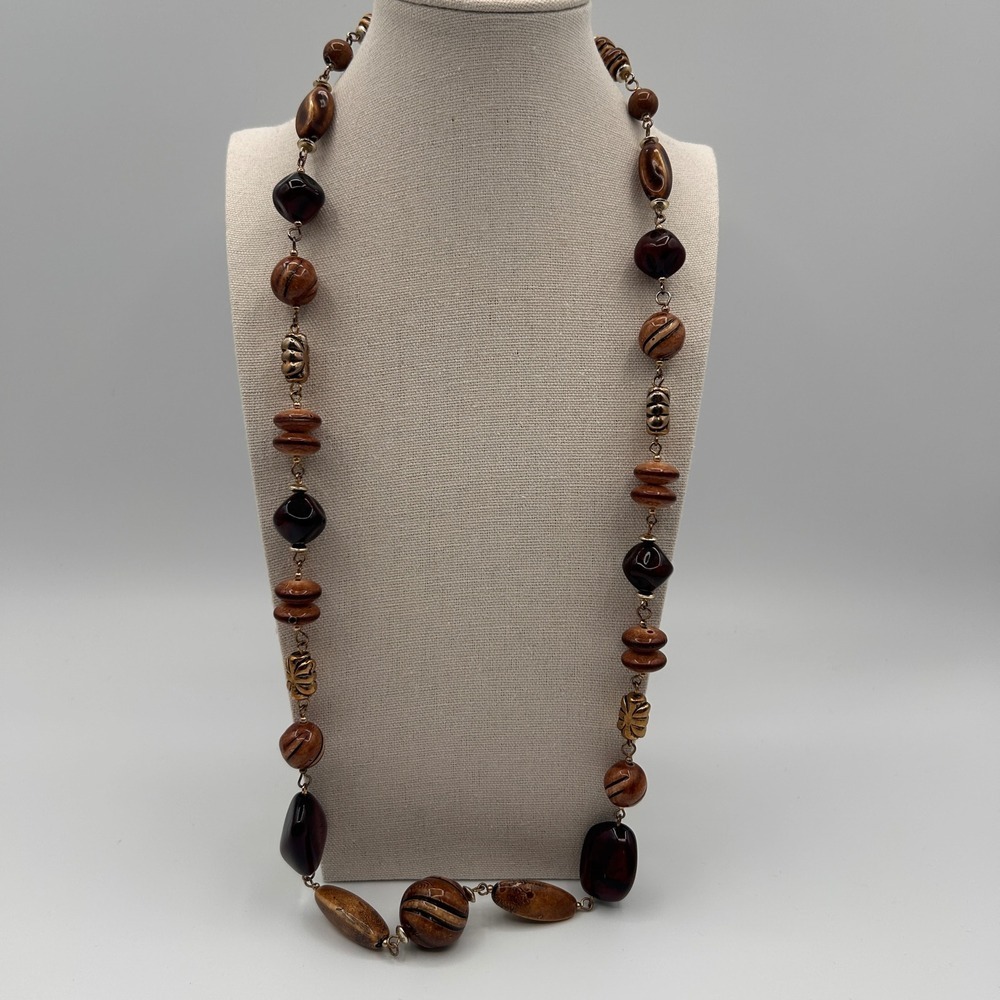 Boho Earth Tone Mixed Bead Long Necklace Amber Mahogany Wood Grain Resin 14"